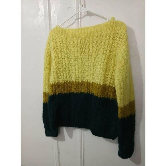 Hand made womens medium ITALIAN wool boat neck sweater color block lime green - Picture 3 of 6